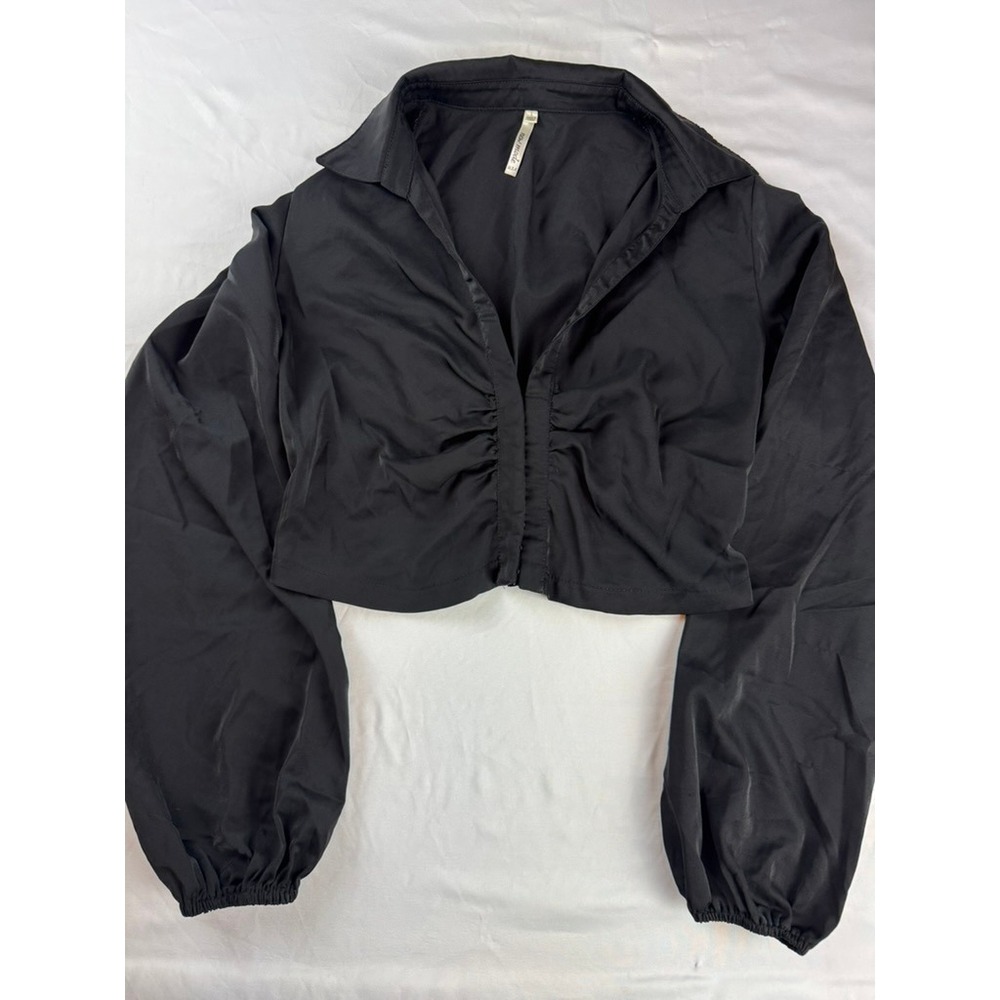 New Mode USA Black Cropped Ruched Front Balloon Sleeve Blouse Large